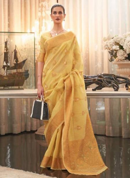 Yellow Colour KTHIYA LINEN RAJTEX New Latest Designer Ethnic Wear Pure Linen Weaving Saree Collection 244006